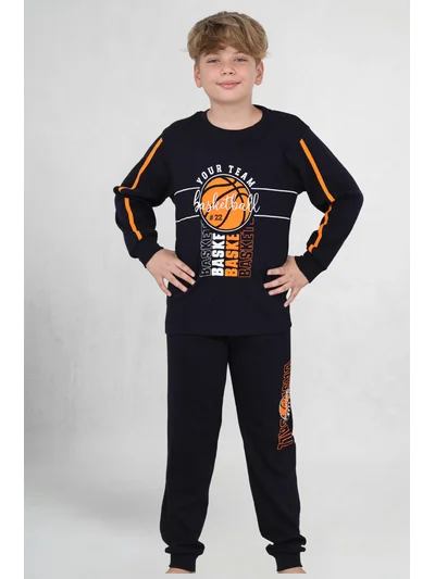 Basketbol Desenli Erkek Çocuk Pijama Takımı Siyah