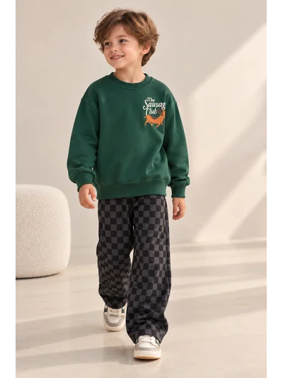 Unisex Yeşil Köpek Baskılı Kız ve Erkek Çocuk 3 İplik Sweatshirt ve Kareli Pantolon Takım