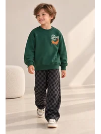Unisex Yeşil Köpek Baskılı Kız ve Erkek Çocuk 3 İplik Sweatshirt ve Kareli Pantolon Takım