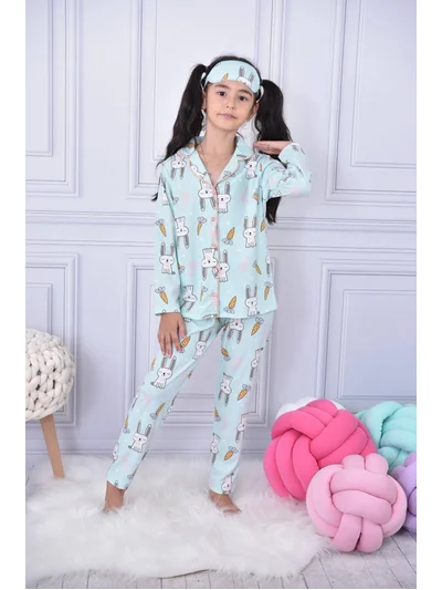 Tavşan Desenli Kız Çocuk Gömlek Yaka Düğmeli Pijama Takımı