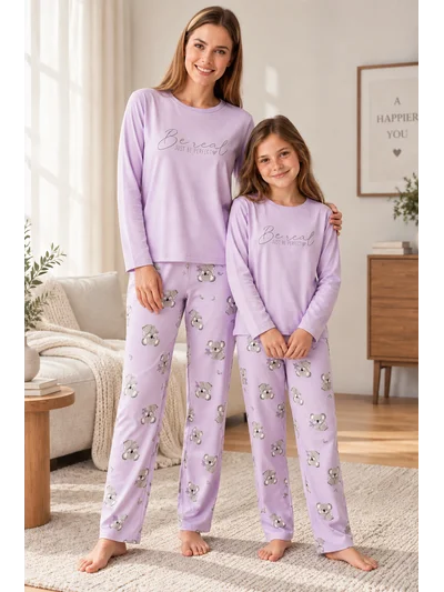 Anne Kız Koala Desenli Enjeksiyon Baskılı Milan Lila Pijama Takımı