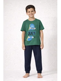 Erkek Çocuk %100 Pamuk Süprem Penye Pijama Takımı Yeşil Tişört Lacivert Pantolon 5-8 Yaş