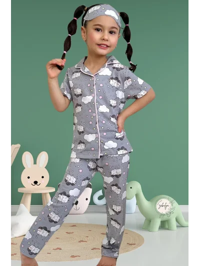 Kız Çocuk Gömlek Yaka Kısa Kollu Düğmeli Kuzu ve Bulut Desenli Pijama Takımı