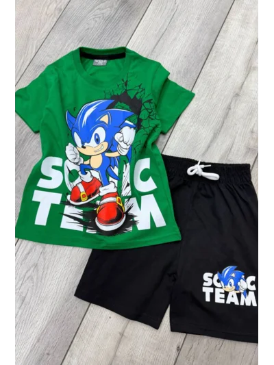 Sonic Baskılı Yeşil Tişört ve Siyah Şort Yazlık Çocuk Takım