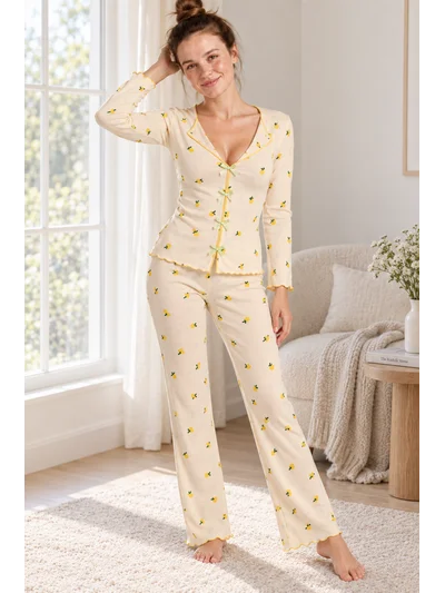 Kadın Limon Desenli Milan Soft Kurdeleli Pijama Takımı