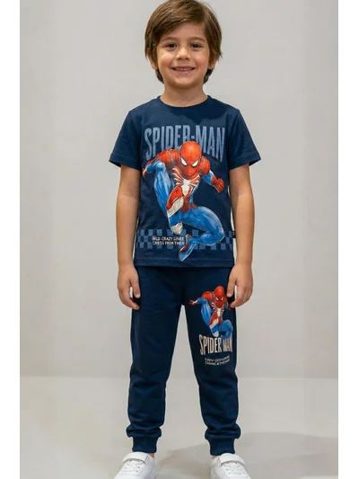 Erkek Çocuk Lacivert Spiderman Baskılı Süprem Penye Üst ve 2 İplik Alt Takım