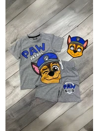 Baskılı Tişört Şort ve Paw Patrol Chase Maskeli Gri Renk Çocuk Takım