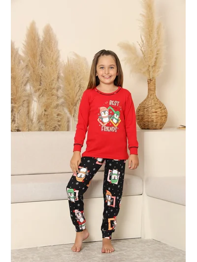 Yılbaşı Temalı Penguen Desenli Kız Çocuk Pijama Takımı - Kırmızı