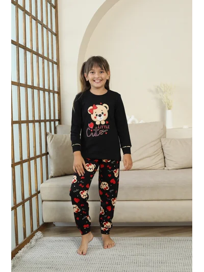 Küçük Sevimli Ayıcık Desenli Kız Çocuk Pijama Takımı - Siyah