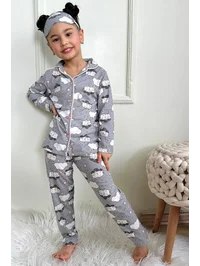 Kuzu ve Bulut Desenli Kız Çocuk Gömlek Yaka Düğmeli Gri Pijama Takımı