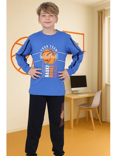Basketbol Desenli Erkek Çocuk Pijama Takımı Mavi
