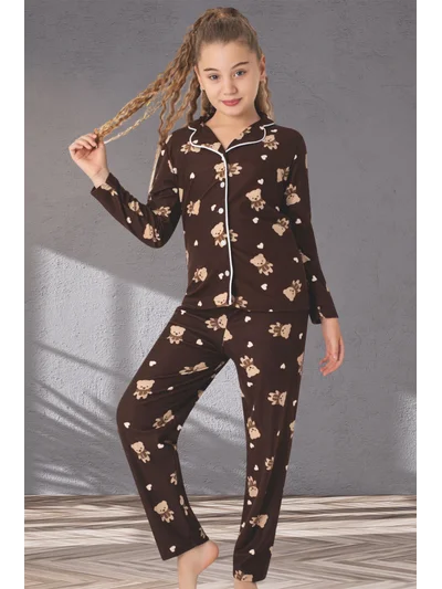 Anne Kız Kombini Ayıcık Desenli Gömlek Yaka Pijama Takımı Kahverengi