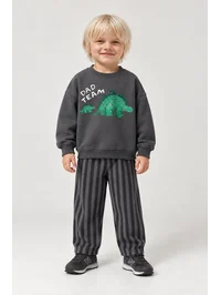 Çocuk Dinozor Baskılı 3 İplik Alt Üst Takım Çizgili Pantolon Unisex