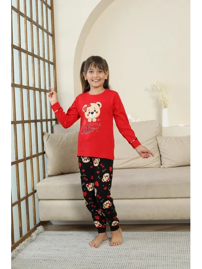 Küçük Sevimli Ayıcık Desenli Kız Çocuk Pijama Takımı - Kırmızı
