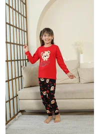 Küçük Sevimli Ayıcık Desenli Kız Çocuk Pijama Takımı - Kırmızı