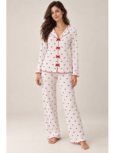 Fiyonk Desenli Raporlu Kaşkorse Uzun Kollu Kadın Pijama Takımı