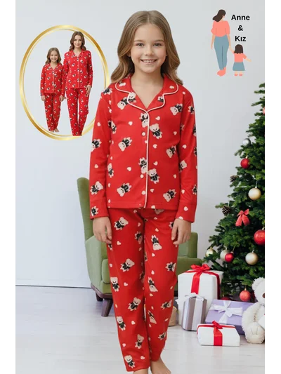 Anne Kız Kombini Ayıcık Desenli Gömlek Yaka Pijama Takımı Kırmızı