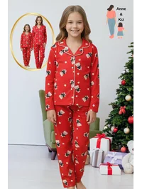 Anne Kız Kombini Ayıcık Desenli Gömlek Yaka Pijama Takımı Kırmızı