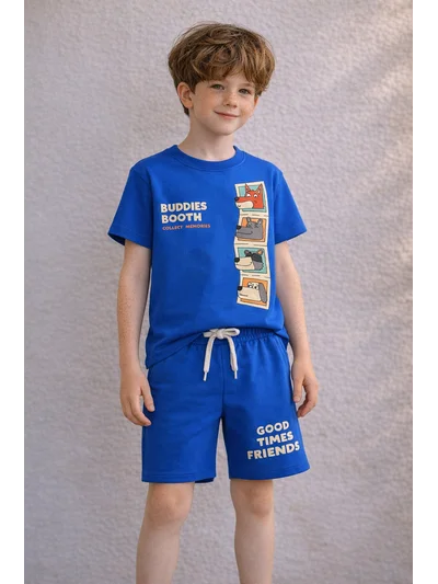 Buddies Booth Erkek Çocuk Royal Blue Mavi Baskılı Şortlu Takım