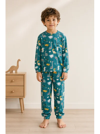 Dinozor Desenli Erkek Çocuk İnterlok Turkuaz Pijama Takımı