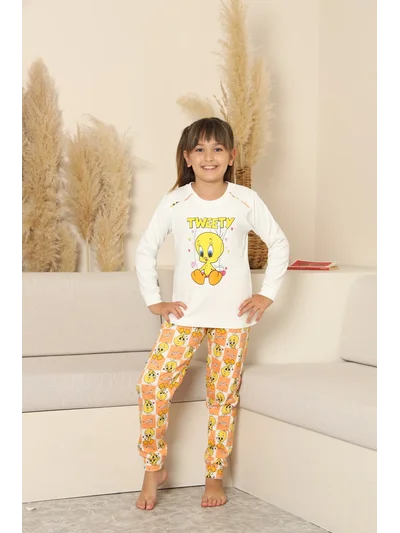 Tweety Desenli Kız Çocuk Pijama Takımı Ekru