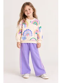 Kız Çocuk Gökkuşağı Desenli %100 Pamuk 3 İplik Sweatshirt Lila Pantolon Takım