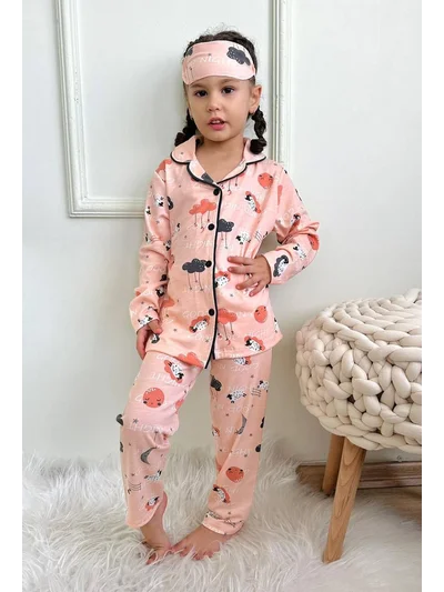 Bulut ve Kuzu Desenli Gömlek Yaka Kız Çocuk Pijama Takımı