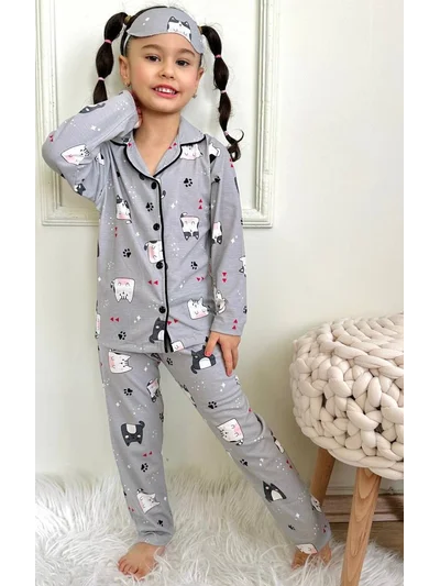 Sevimli Kedi Desenli Gömlek Yaka Kız Çocuk Gri Pijama Takımı