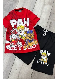Paw Patrol Baskılı Kırmızı Tişört ve Siyah Şort Yazlık Çocuk Takım