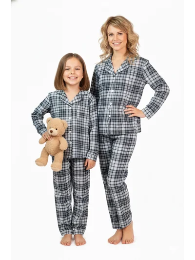 Kareli Ekose Desenli Süet Gri Kız Çocuk Pijama Takımı