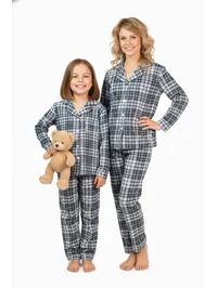 Kareli Ekose Desenli Süet Gri Kız Çocuk Pijama Takımı
