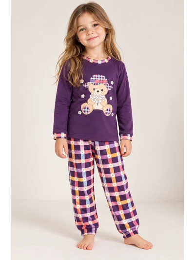 Kız Çocuk Ayıcık Baskılı İnterlok Pijama Takımı