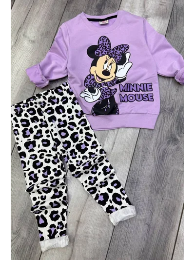 2 İplik Minnie Mouse Baskılı Lila Taytlı Takım