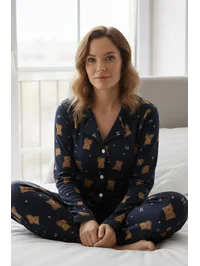 Lacivert Ayı Milan Kumaş Gömlek Yaka Kadın Pijama Takımı-Manolya