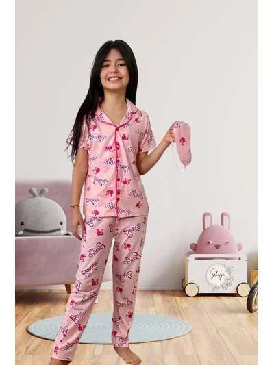 Barbi Kız Çocuk Gömlek Yaka Düğmeli Kısa Kollu Pembe Pijama Takımı