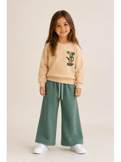 Kız Çocuk Çiçek Baskılı İki İplik Fırçalı Sweatshirt Bol Paça Eşofman Takımı