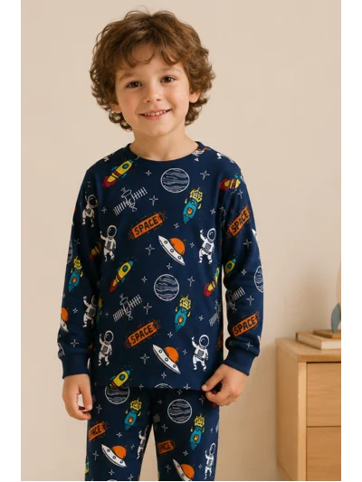 Uzay Desenli Uzun Kollu İnterlok Erkek Çocuk Lacivert Pijama Takımı