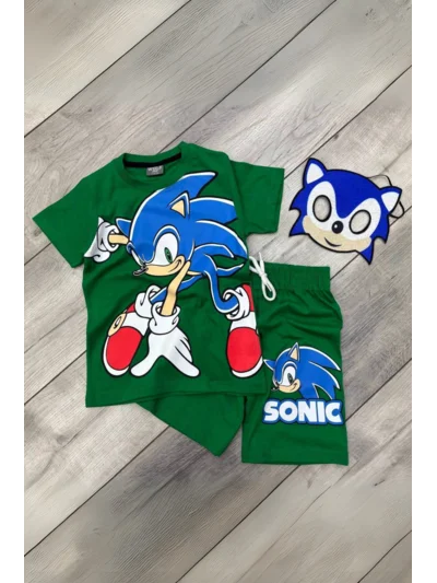Baskılı Tişört Şort ve Sonic Maskeli Yeşil Renk Çocuk Takım