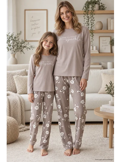 Anne Kız Tavşan Desenli Çizgili Milan Pijama Takımı