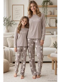 Anne Kız Tavşan Desenli Çizgili Milan Pijama Takımı