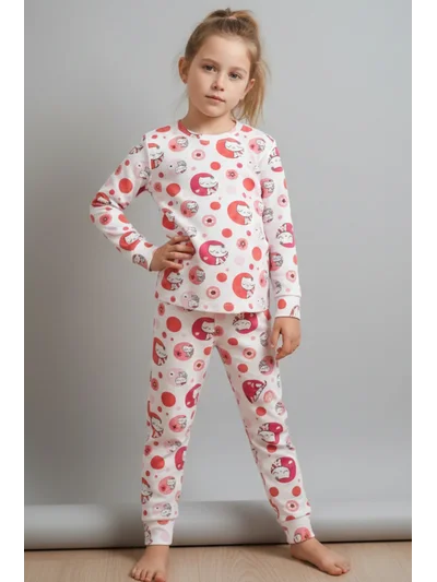 Sevimli Kedicik Desenli Kız Çocuk Pijama Takımı - Pamuklu İnterlok Kumaş