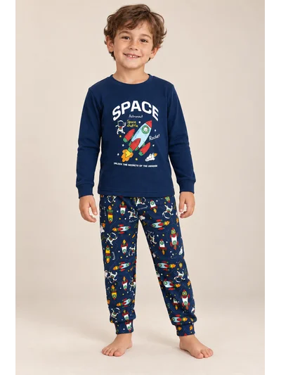 Erkek Çocuk Lacivert Uzay Baskılı İnterlok Pijama Takımı