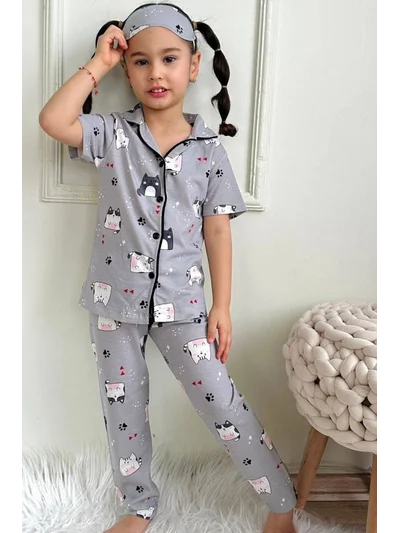 Kedi Desenli Kız Çocuk Gömlek Yaka Düğmeli Kısa Kollu Yazlık Pijama Takımı