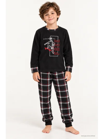 Erkek Çocuk Polar Born To Be Free Baskılı Ekose Pijama Takımı