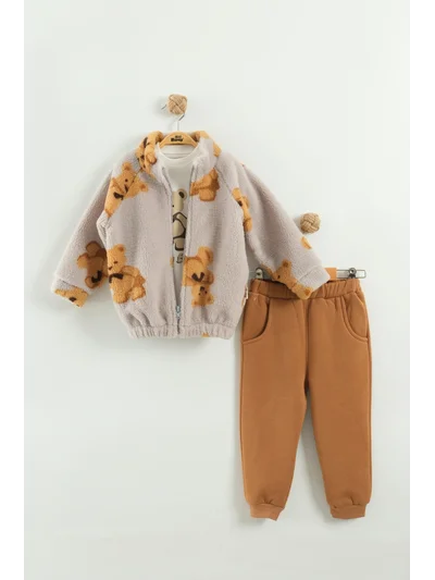 Kız Bebek Ayı Desen Peluş 3'lü Peluş Eşofman Takım (9-12-18 Ay)