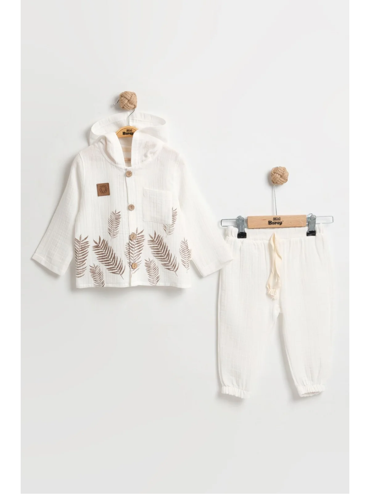 Doğal Yaprak Baskılı Uzun Kollu Bebek Gömlek Takımı 9-12-18 Ay - %100 Pamuk Müslin Yazlık Set