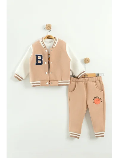 Bebek Baskılı 3'lü Eşofman Takımı (Sweatshirt, Pantolon, Ceket) (9-12-18 Ay) Siyah 18 Ay