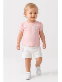 Kız Bebek Tişört ve Kalp Desenli Gabardin Şort Takımı (9-24 Ay)