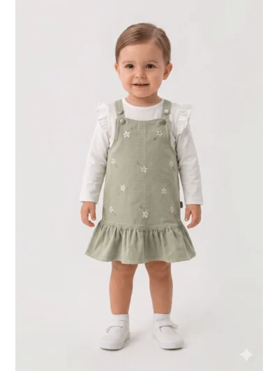 Gabardin Nakışlı Elbise 2 li Takım (1 Yaş - 2 Yaş - 3 Yaş - 4 Yaş)