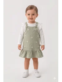 Gabardin Nakışlı Elbise 2 li Takım (1 Yaş - 2 Yaş - 3 Yaş - 4 Yaş)